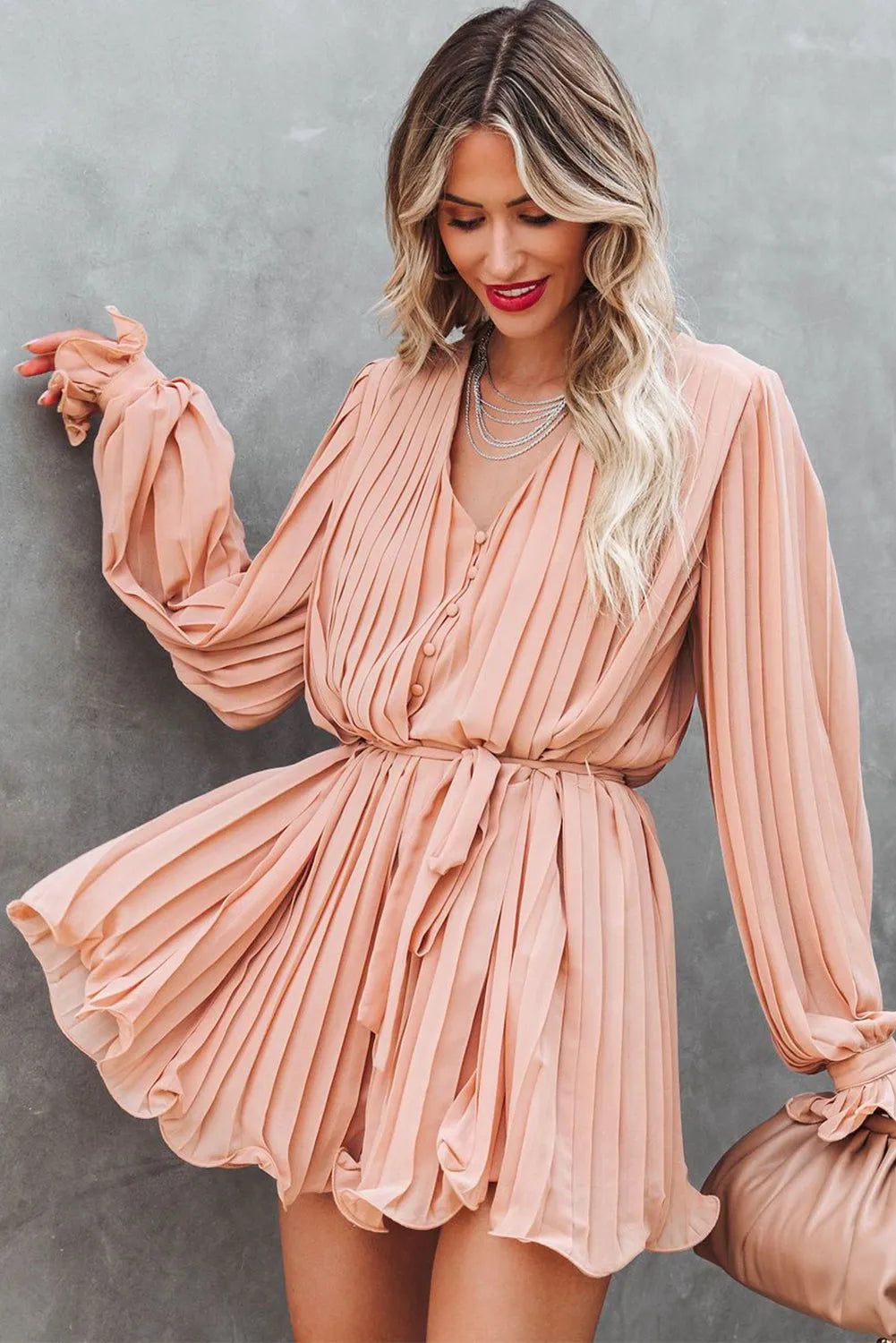 Pink Pleated Ruffled Tie Waist Buttons V Neck Romper - Chic Meadow Boutique 