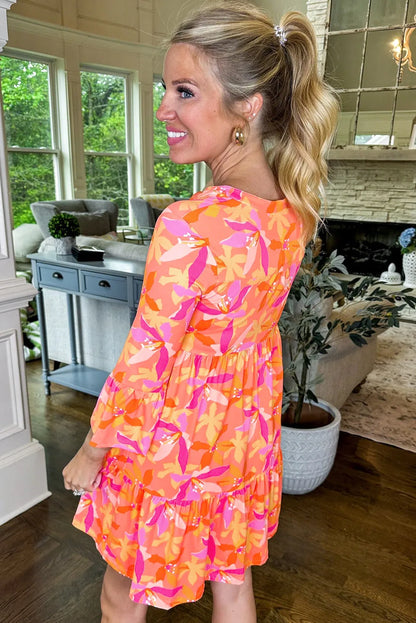 Orange Abstract Print Ruffled Sleeve V Neck Dress - Chic Meadow Boutique 