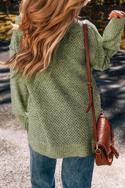 Sweaters & Cardigans/Sweaters Jungle Green Loose Eyelet V Neck Drop Shoulder Sweater