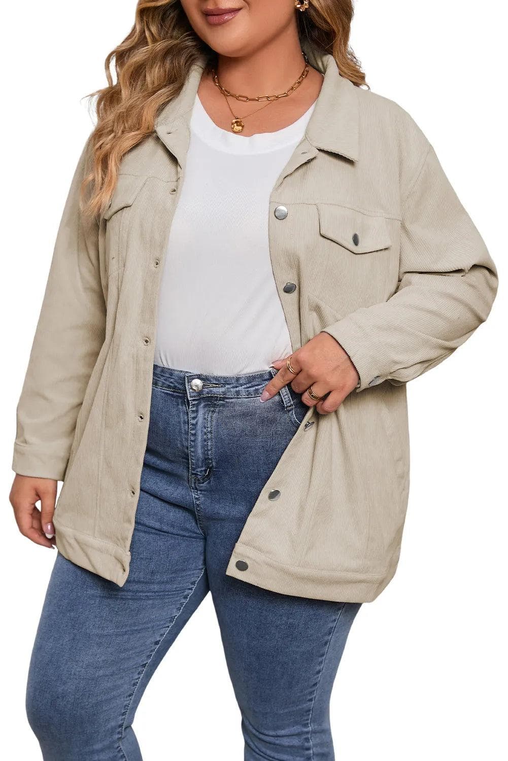 Plus Size/Plus Size Outerwear Khaki Plus Size Crochet Pattern Back Corduroy Jacket