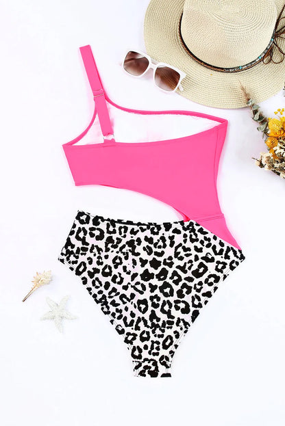 Rose Leopard Patchwork Asymmetric Cutout One Piece Swimsuit - Chic Meadow Boutique 