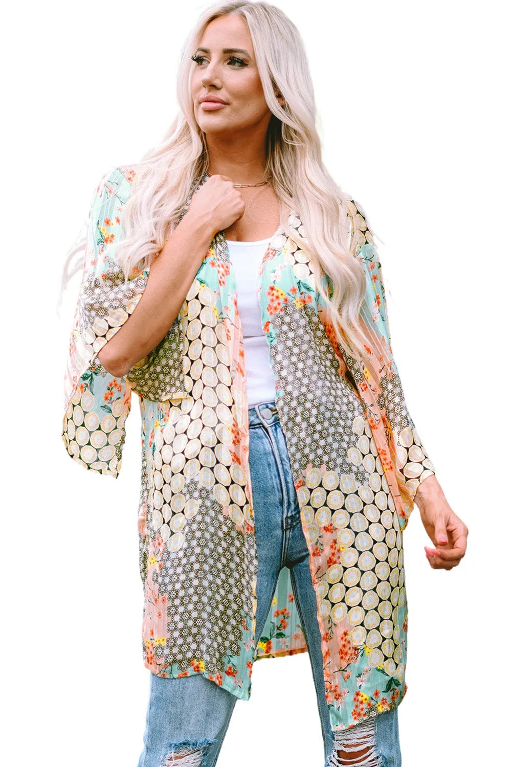 Multicolor Floral Open Sheer Shimmer Kimono - Chic Meadow Boutique 