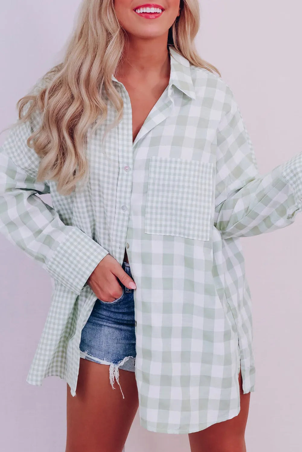 Tops/Blouses & Shirts Green / S / 50%Polyester+50%Cotton Green Mix Checked Patchwork Long Sleeve Shirt