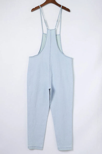 Sky Blue Chambray Pocketed Adjustable Straps Jumpsuit - Chic Meadow Boutique 