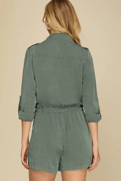 Jungle Green Roll up Sleeve Flap Pockets Drawstring Playsuit - Chic Meadow Boutique 