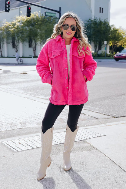 Bright Pink Faux Suede Sherpa Patchwork Button-up Shacket - Chic Meadow Boutique 