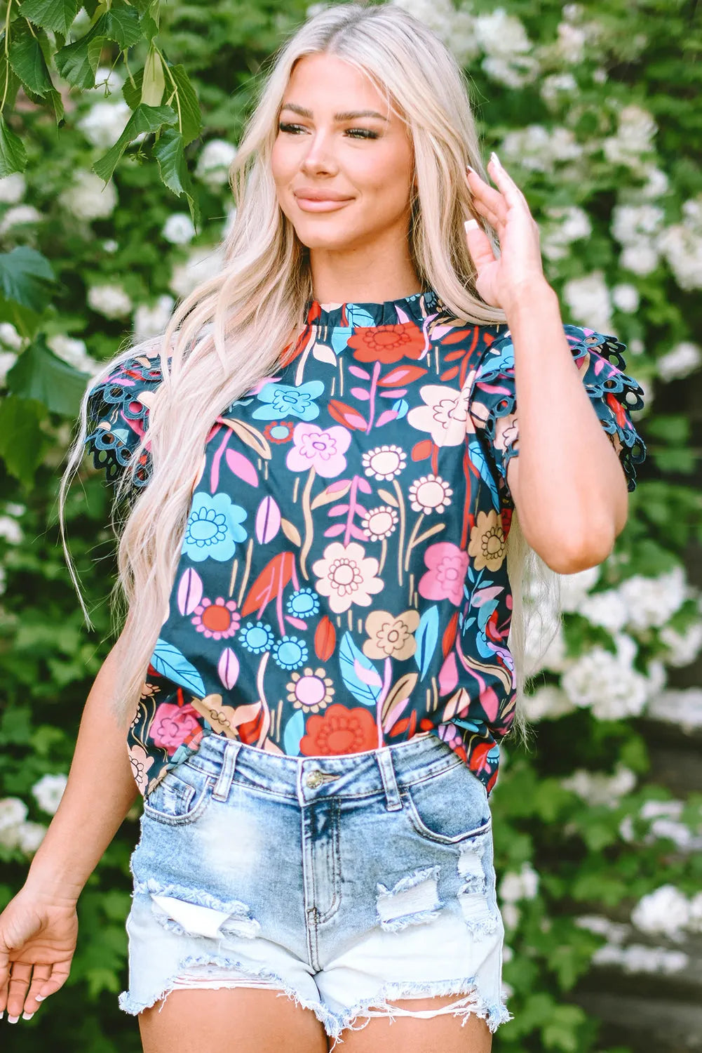 Green Trimmed Ruffle Sleeve Summer Floral Blouse - Chic Meadow Boutique 