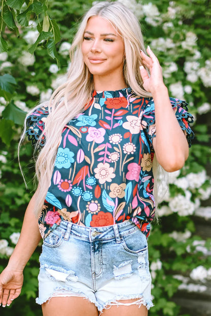 Green Trimmed Ruffle Sleeve Summer Floral Blouse - Chic Meadow Boutique 