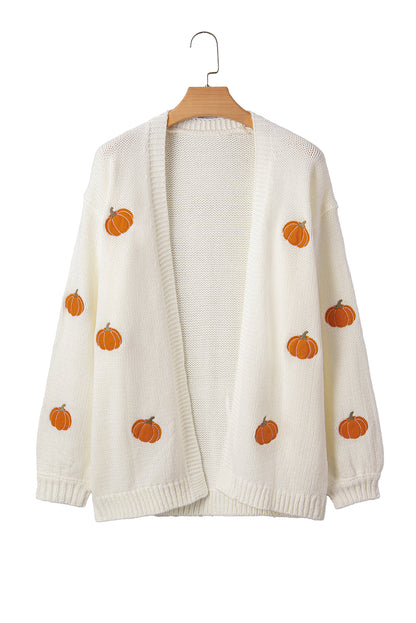 White Pumpkin Print Open Front Drop Shoulder Midi Cardigan