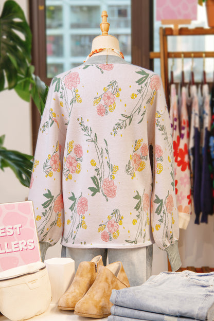 Pink Floral Pattern Striped V Neck Loose Sweater