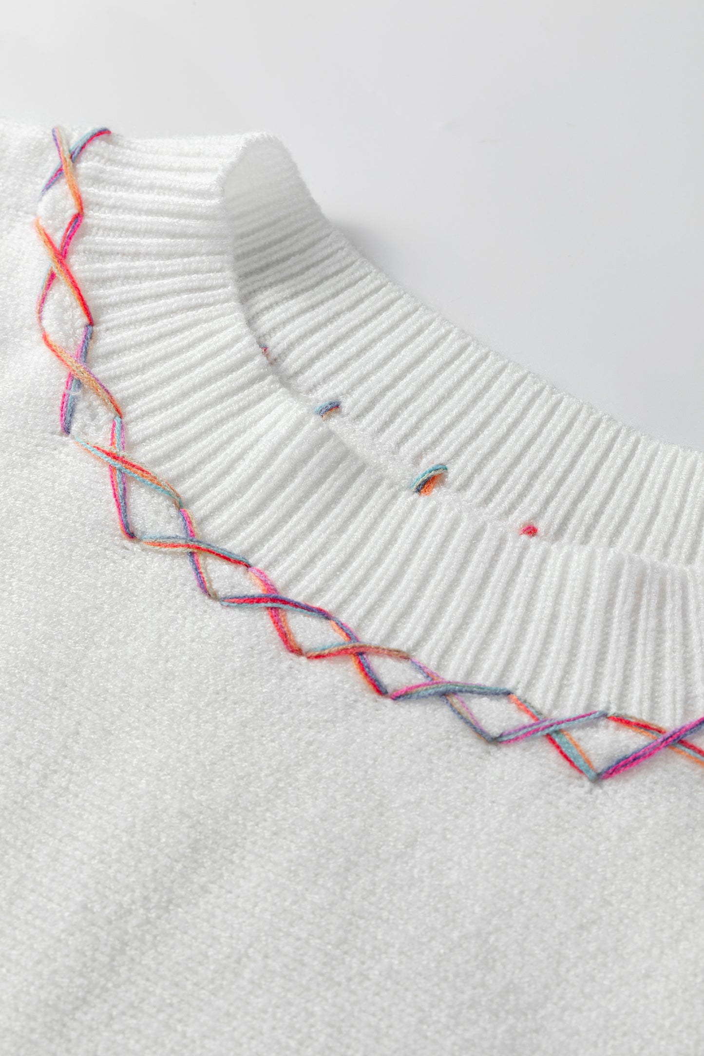 White Rainbow Stitching Balloon Sleeve Relaxed Sweater