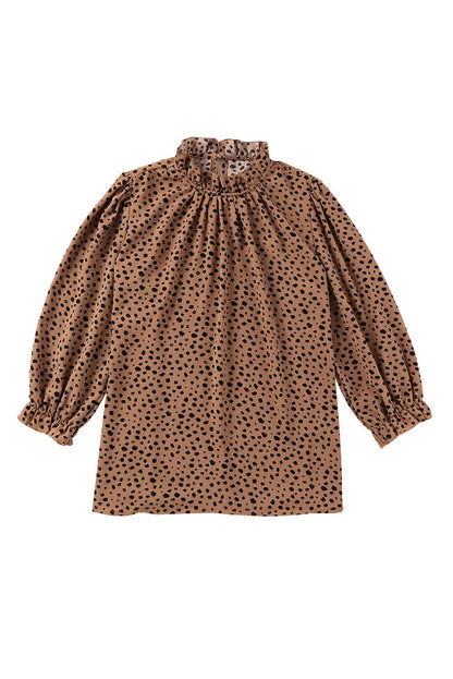 Brown Frilled Neck 3/4 Sleeves Cheetah Blouse - Chic Meadow Boutique 