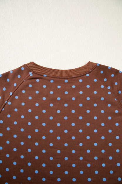 Brown Polka Dot Drawstring Wide Leg Long Sleeve Top Pant Set