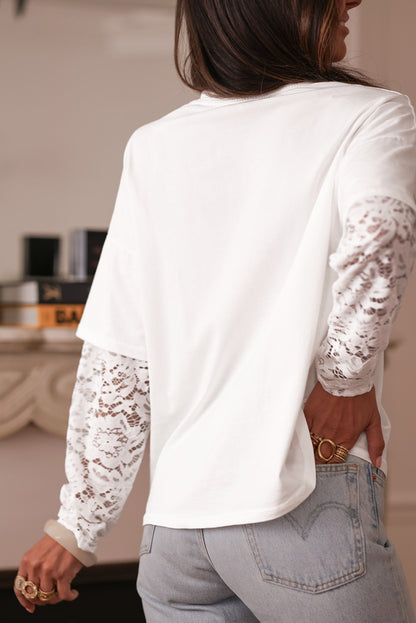 White Lace Long Sleeve Insert Drop Shoulder Tee