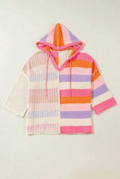 Sweaters & Cardigans/Sweaters Pink Oversized Colorblock V Neck Hooded Sweater