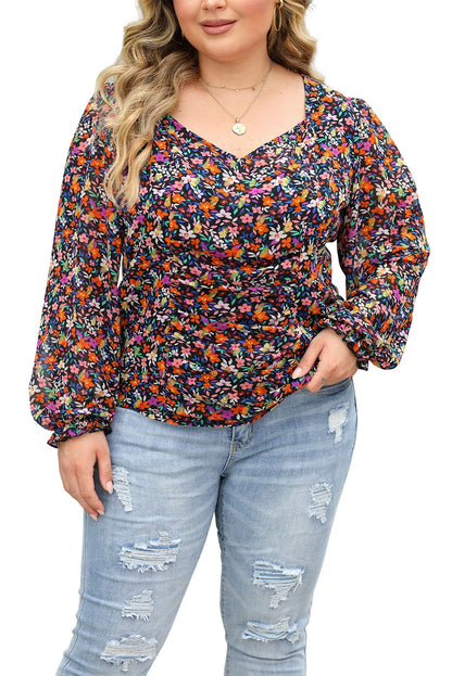 Black Plus Size V Neck Bubble Sleeve Floral Blouse - Chic Meadow Boutique 