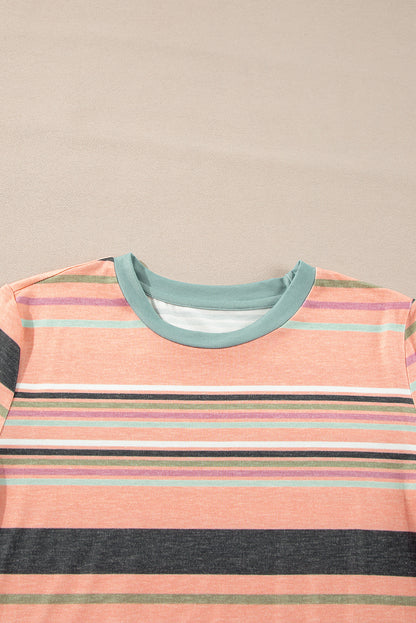 Pink Multicolor Stripes Crew Neck T Shirt