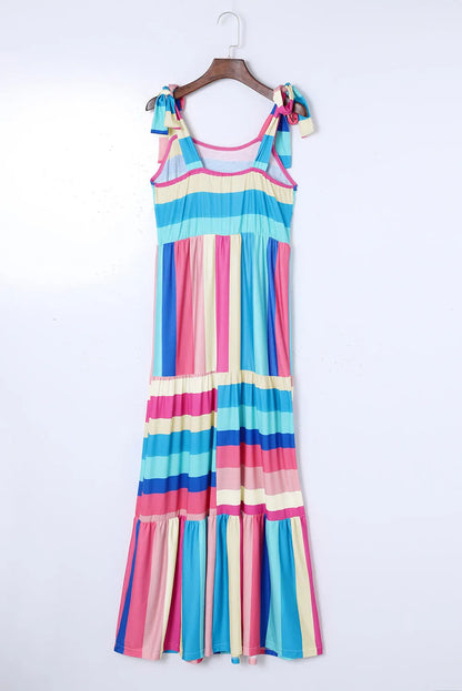 Multicolor Color Block Striped Bow Knot Straps Maxi Dress - Chic Meadow Boutique 