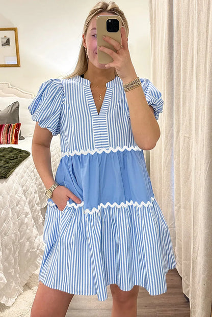 Sky Blue Ric Rac Striped Bubble Sleeve V Neck Dress - Chic Meadow Boutique 