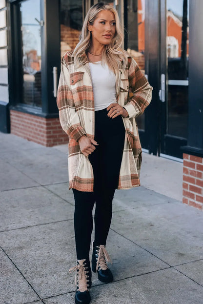 Brown Plaid Print Flap Pockets Long Shacket - Chic Meadow Boutique 