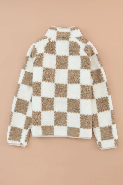 Brown Checked Snap Button Sherpa Jacket - Chic Meadow Boutique 