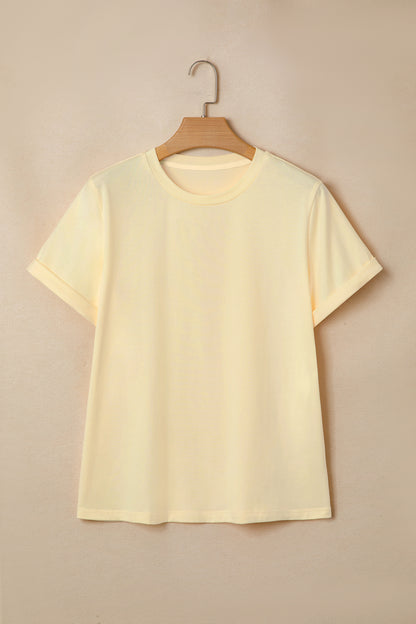 Yellow Cream Casual Plain Crew Neck Tee