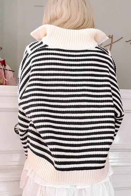 Black Stripe Zip up Collar Drop Shoulder Sweater - Chic Meadow Boutique 