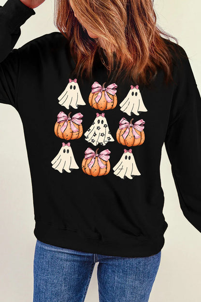 Black Halloween Bowknot Ghost Pumpkin Graphic Crewneck Sweatshirt - Chic Meadow Boutique 