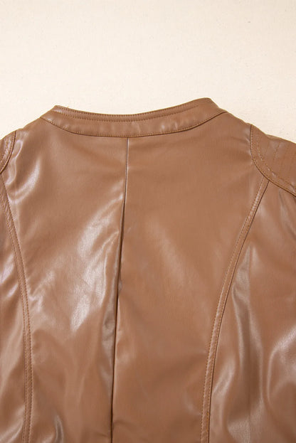 Chestnut Solid Faux Leather Zipper Slim Fit Jacket - Chic Meadow Boutique 