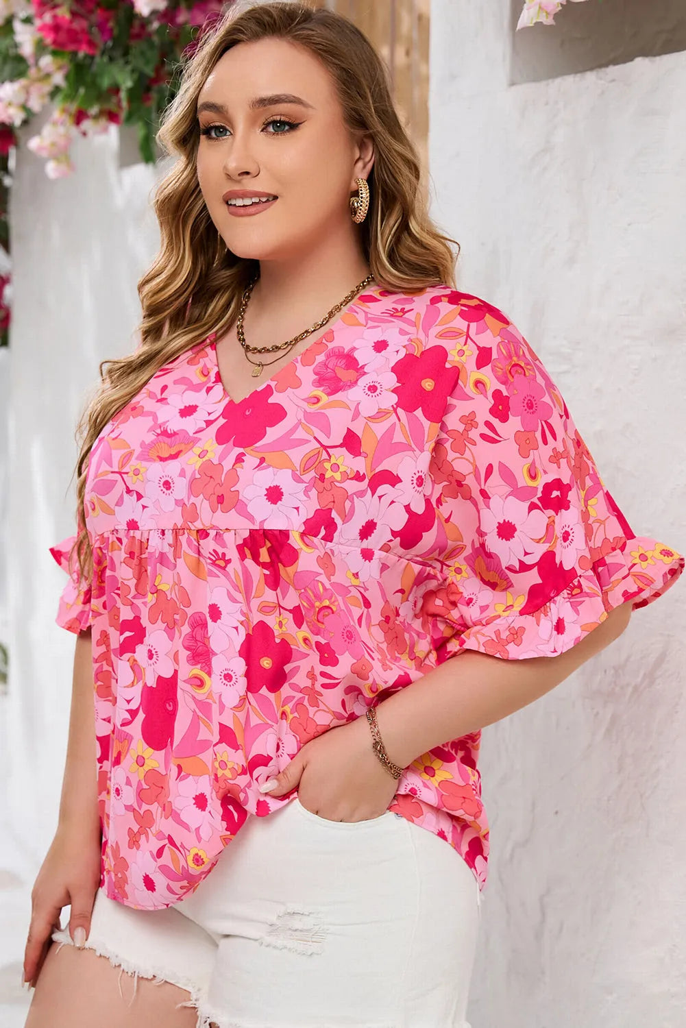 Rose Floral Print Ruffled Half Sleeve Plus Size Babydoll Blouse - Chic Meadow Boutique 