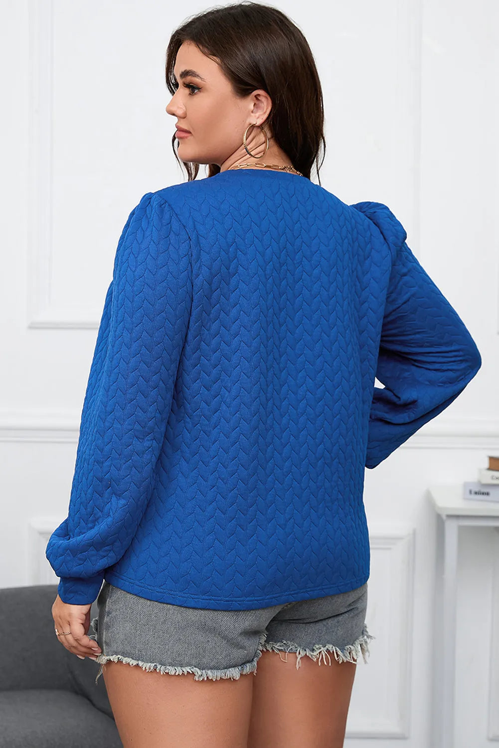 Dark Blue Cable Pattern Puff Sleeve Plus Size Top - Chic Meadow Boutique 