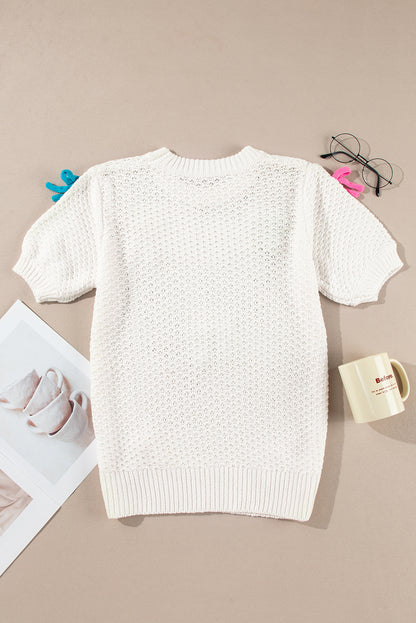 White Colorful Bow Knit Mock Neck Short Sleeve Sweater