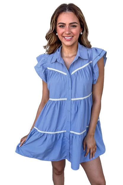 Sky Blue Lace Trim Accent Ruffled Tiered Dress - Chic Meadow Boutique 