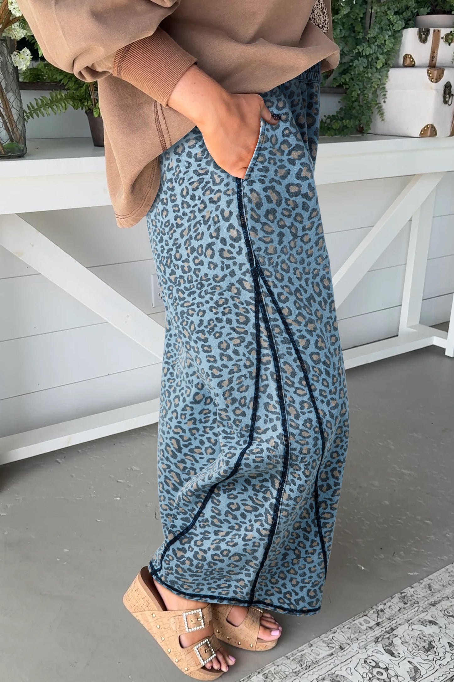 Blue Leopard Print Exposed Seam Detail Wide Leg Drawstring Jeans