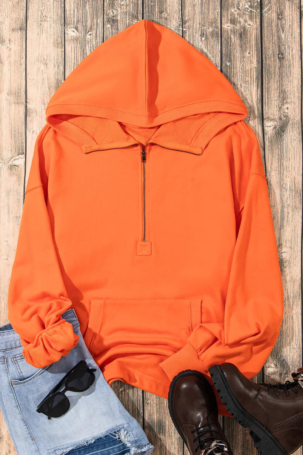 Orange Solid Kangaroo Pocket Half Zipper Oversized Hoodie - Chic Meadow Boutique 