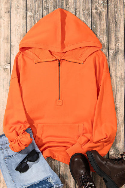 Tops/Sweatshirts & Hoodies Orange Solid Kangaroo Pocket Half Zipper Oversized Hoodie