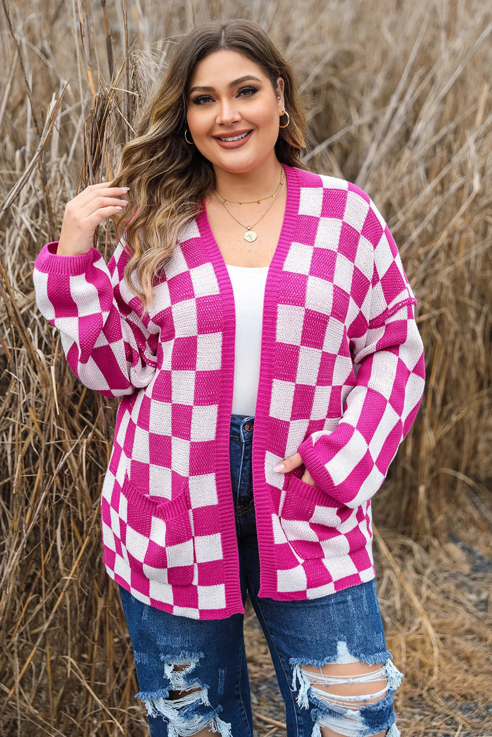 Bonbon Checkered Pattern Open Front Plus Size Cardigan - Chic Meadow Boutique 