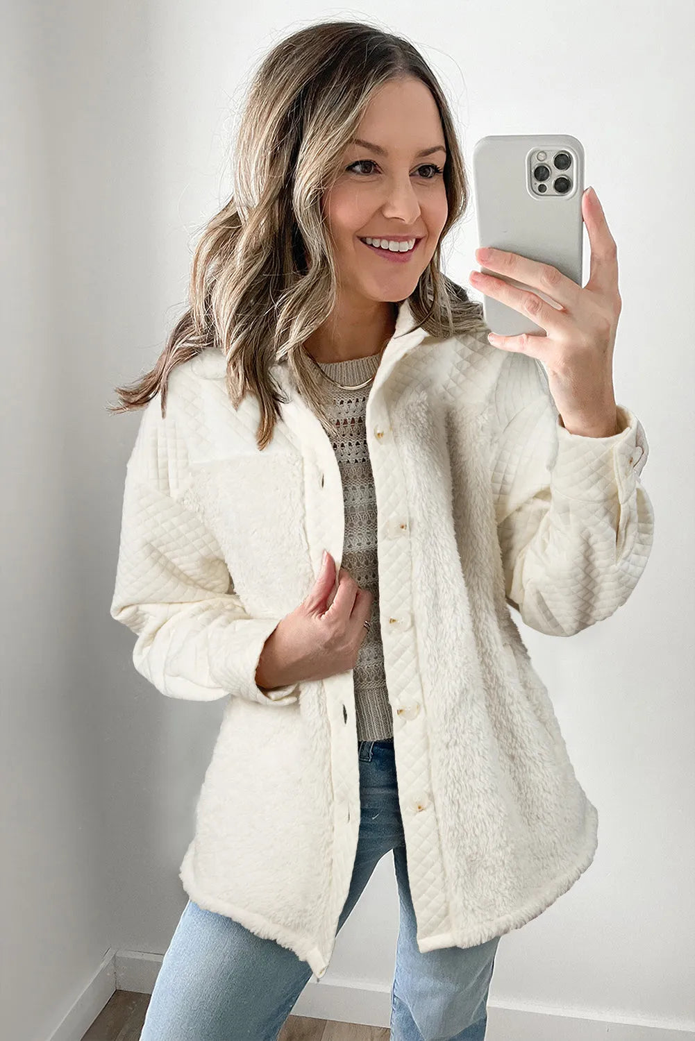 White Solid Color Quilted Sherpa Patchwork Button Up Shacket - Chic Meadow Boutique 