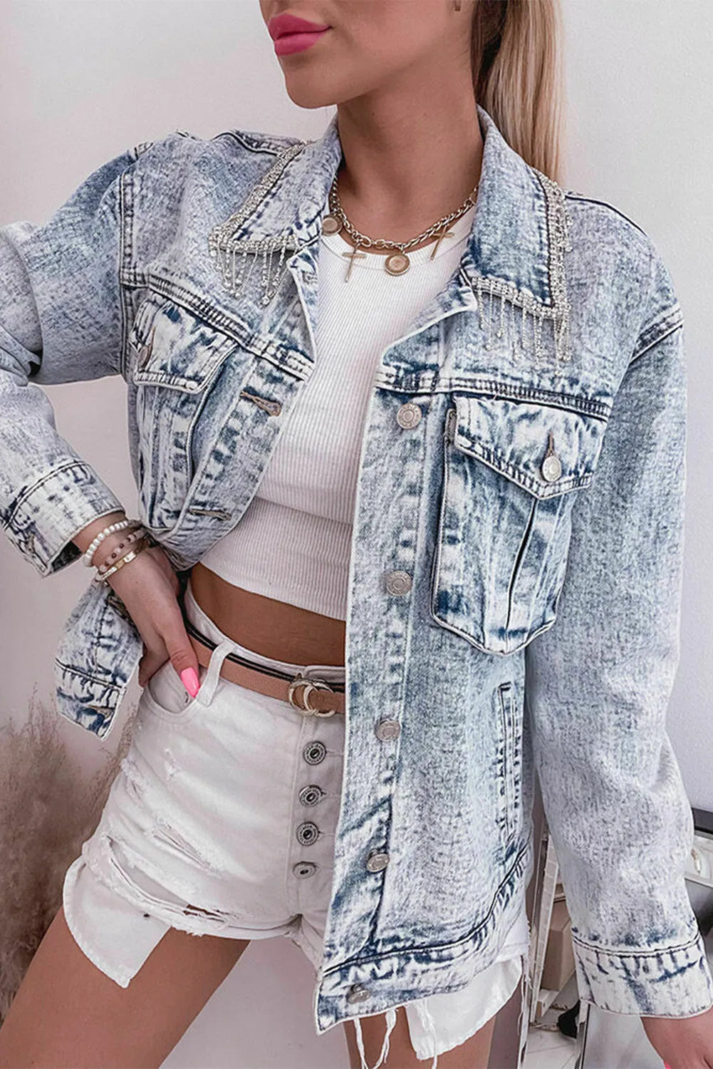 Mist Blue Retro Rhinestone Fringed Collar Light Wash Denim Jacket - Chic Meadow Boutique 