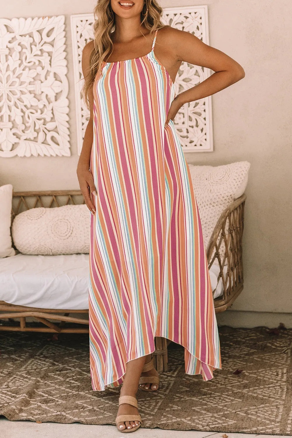 Bohemian Striped Print Sleeveless Holiday Maxi Dress - Chic Meadow Boutique 