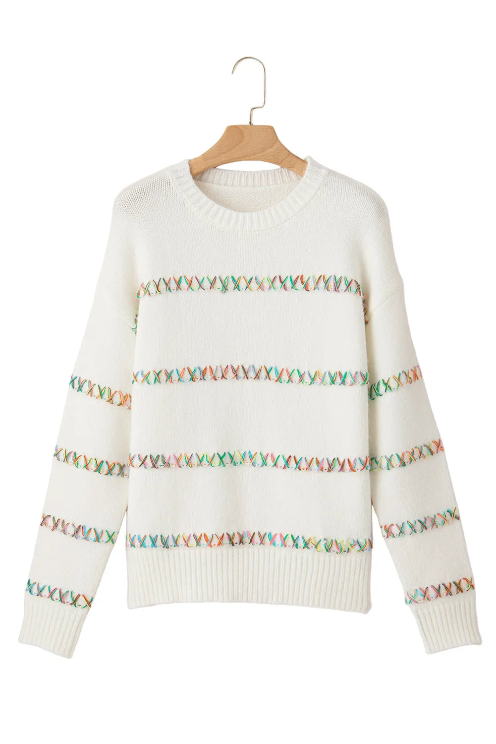 White Colorful Crossed Stitch Drop Shoulder Sweater - Chic Meadow Boutique 