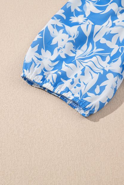 Sky Blue Floral V Neck Puff Short Sleeve Flowy Long Dress