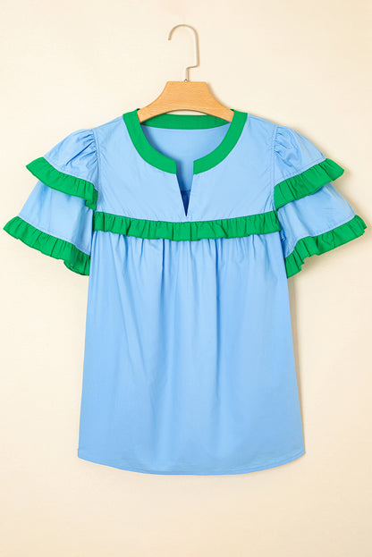 Mist Blue Contrast Notched Neck Frilly Detail Short Sleeve Blouse