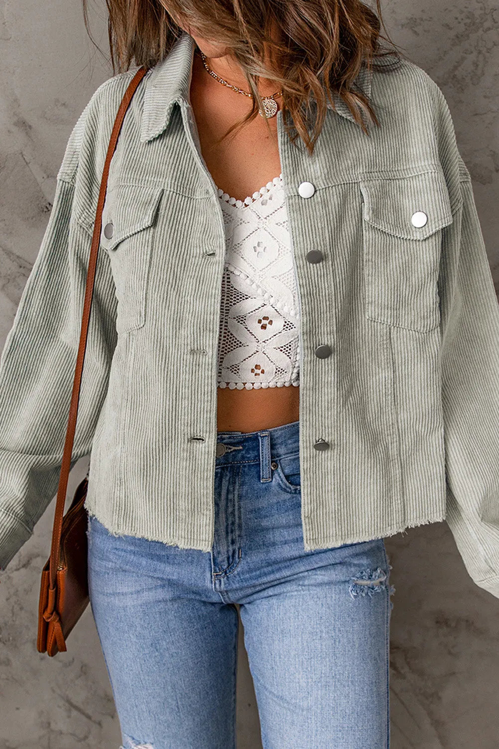 Sky Blue Raw Hem Flap Pockets Cropped Corduroy Jacket - Chic Meadow Boutique 