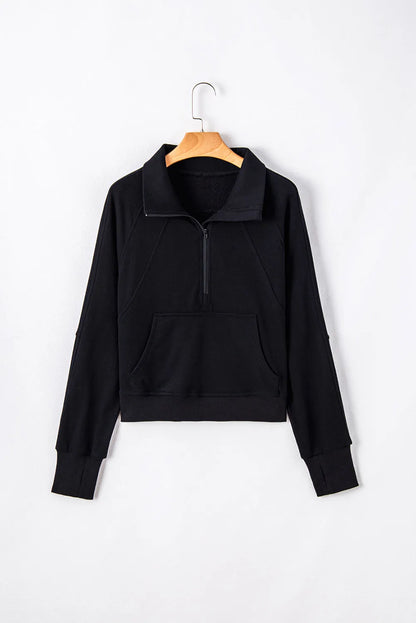 Black Quarter Zip Stand Neck Kangaroo Pocket Sweatshirt - Chic Meadow Boutique 