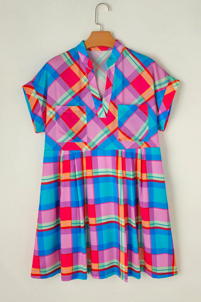 Light Blue Multicolor Plaid Short Sleeve Babydoll Mini Dress - Chic Meadow Boutique 