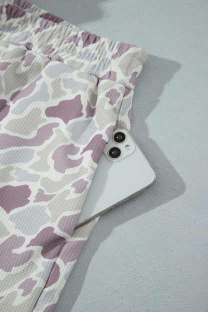 Green Camouflage Print Waffle Textured Pullover and Shorts Plus Size 2pcs Set