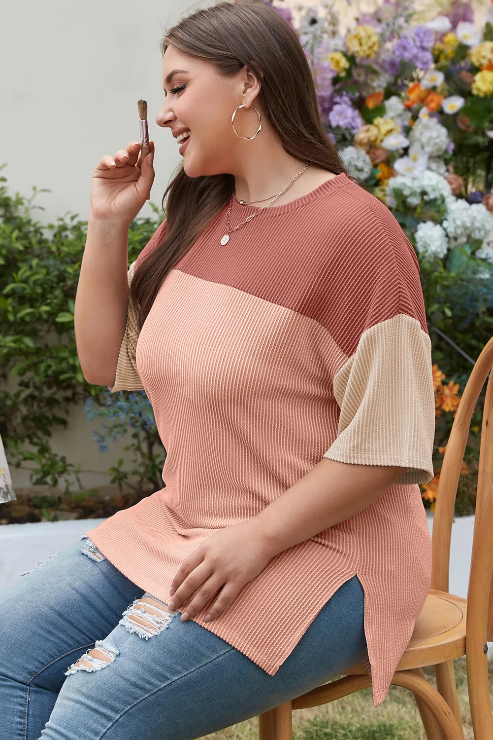 Rose Pink Plus Size Ribbed Colorblock T-shirt - Chic Meadow Boutique 