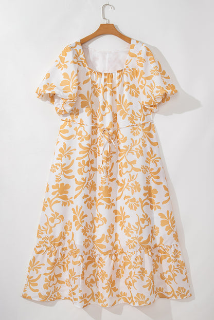 Apricot Floral Print Puff Short Sleeve Resort Plus Size Maxi Dress