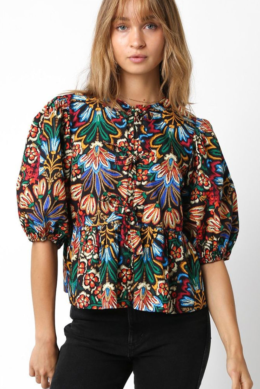 Black Tropical Print Bubble Sleeve Knot Front Blouse